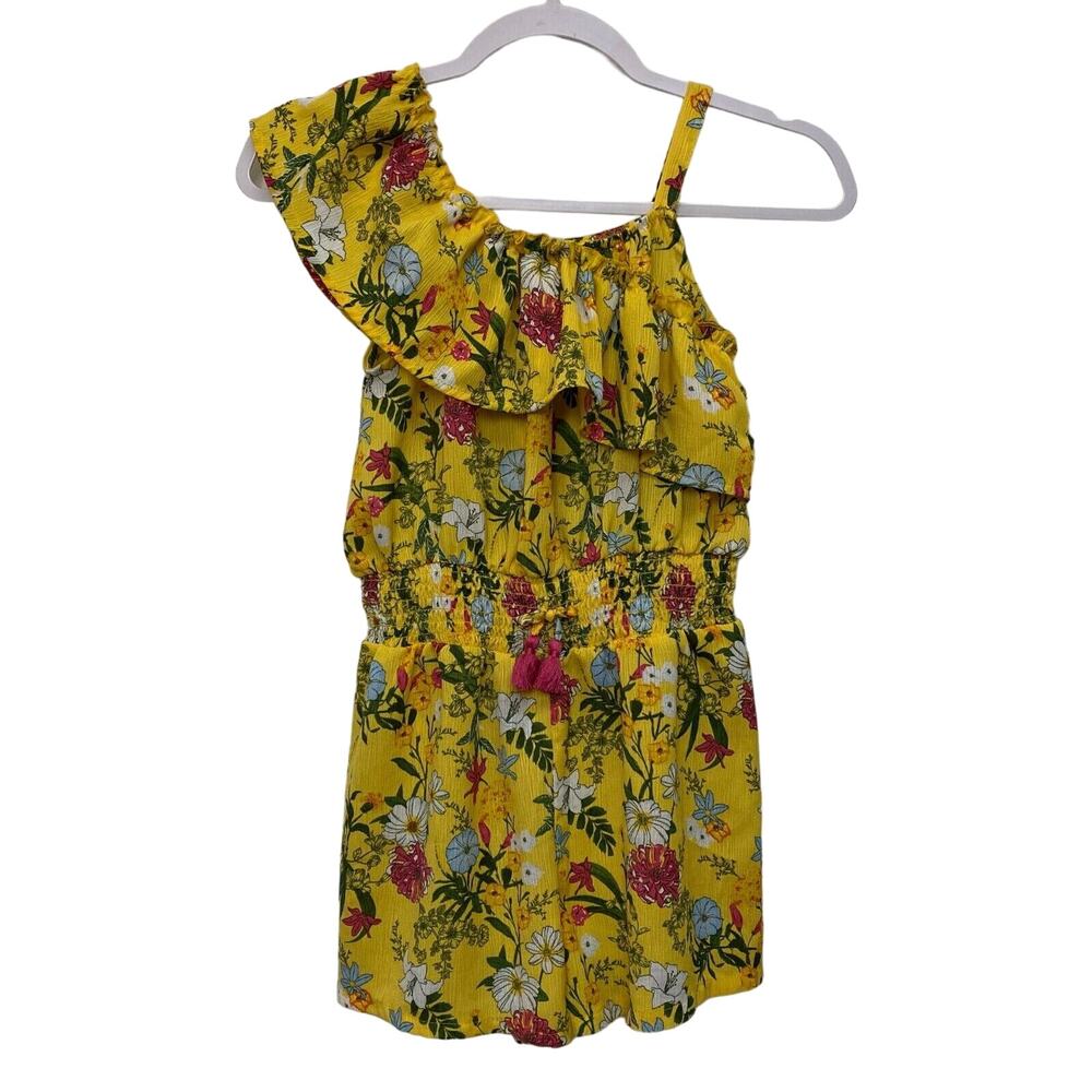 BCBGirls Yellow One Shoulder Floral Romper Smocked Sz Medium 10/12 Girls‎ Summer